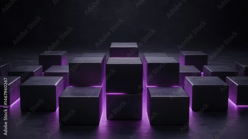 Poster a 3d rendering of a dark room with a group of black cubes illuminated by purple light.
