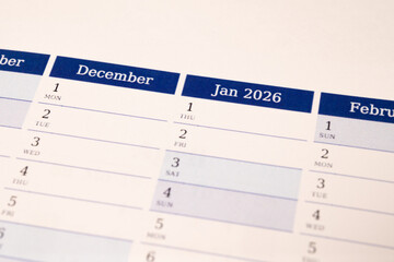 Printed calendar showing January 2026
