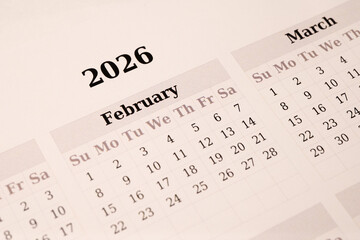 Close-up of February 2026 calendar page
