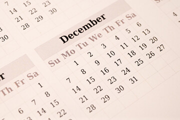 Close-up of December calendar page with clean design
