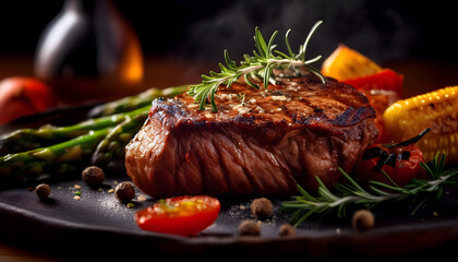 Grilled Steak Dinner with Asparagus Corn and Roasted Vegetables