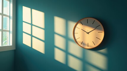 A minimalist clock on a teal wall, bathed in sunlight. Warm, calming vibes.