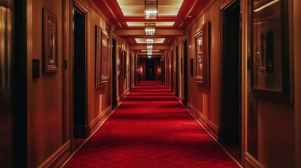 Empty hotel hallway, red carpet, elegant interior, for travel inspiration