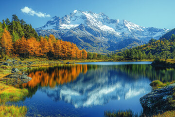 Obraz premium Snow-capped peak overlooking mountain lake amidst trees.