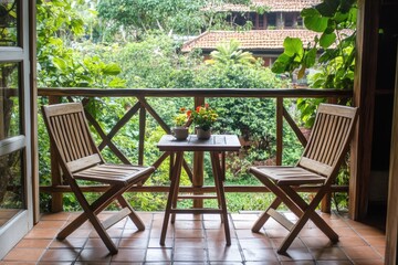 Balcony with two chairs and morning sunlight