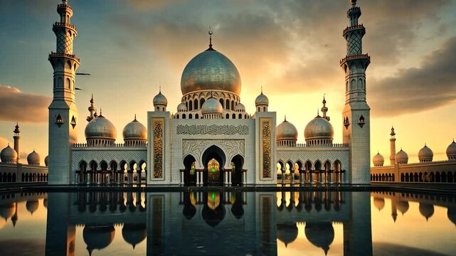 The Taj Mahal Mosque stands as a white marble monument that reflects Asian architecture at sunset, dusk and night.