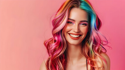 Young beautiful smiling happy woman with rainbow colored wavy hair isolated on flat pink background with copy space, banner template of Creative hair coloring