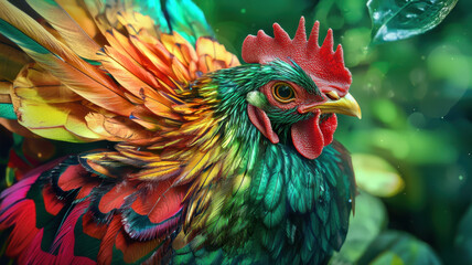 Fototapeta premium Rainbow Rooster: A vibrant rooster with iridescent plumage, boasting a spectrum of rainbow colors. Its feathers shimmer with an ethereal glow against a backdrop of lush green foliage.