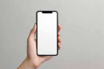 Woman's hand holding a smartphone with a blank screen against a gray background.