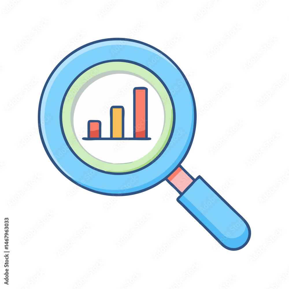 Poster analyzing data growth trends with magnifying glass for business intelligence insights and analysis