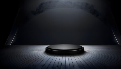 Dark Moody Studio Product Display Platform Black Circular Podium on Wooden Floor