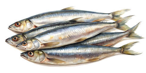 Obraz premium Pile of silver shiny sardines, a watercolor illustration against a white background