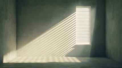 Obraz premium A room with a window and blinds.