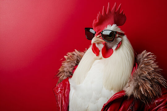 Stylish Cicken in Elegant Dress and Sunglasses Posing on Red Background for Fun Fashion and Animal Concept