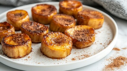 Fried ripe plantains with caramelized edges, arranged on a white plate with a sprinkle of cinnamon powder