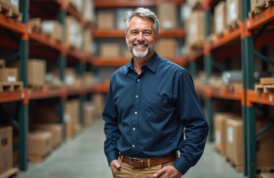 Smiling Caucasian middle-aged man in hardware warehouse. Stands with hands in pockets, surrounded various items. Confident, experienced, friendly employee, expert in inventory, supplies. Modern