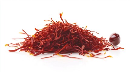 Naklejka premium Side view of a small heap of saffron threads with a few whole saffron pistils on a white background showcasing their rich color overlay cut out on isolated transparent removed background