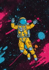 Fototapeta premium Astronaut floating in the cosmic void amidst vivid splashes of paint, embodying retro futurism and dreams of otherworldly exploration