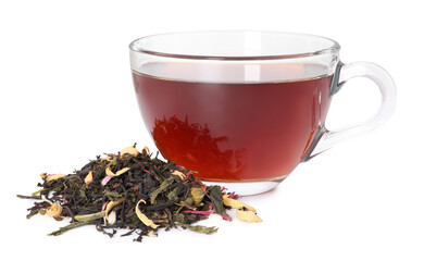 Delicious herbal tea in glass cup and dry leaves isolated on white