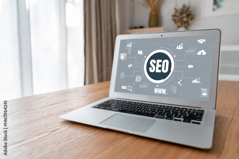 Aufkleber seo search engine optimization for modish e-commerce and online retail business showing on computer 
