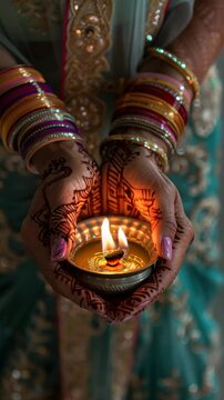 Sikh Woman Holding Glowing Diya with Henna and Bangles During Bandi Chhor Divas Celebration