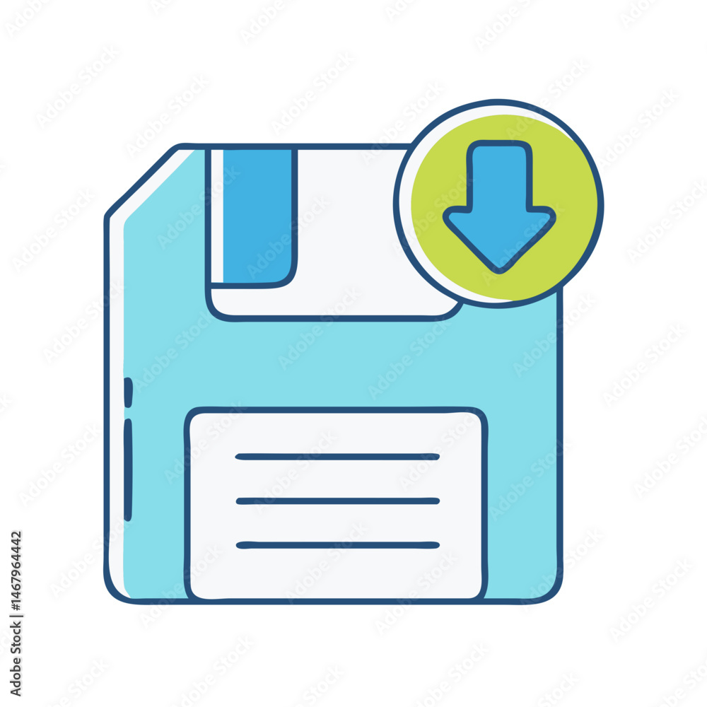 Poster download floppy disk icon vector illustration, save file, data storage and backup concept design