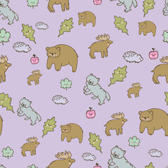 Cute kawaii Woodland Animals Vector Seamless Pattern in Pastel Colors