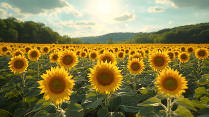 Obraz premium Vast sunflower field under bright blue sky and fluffy clouds