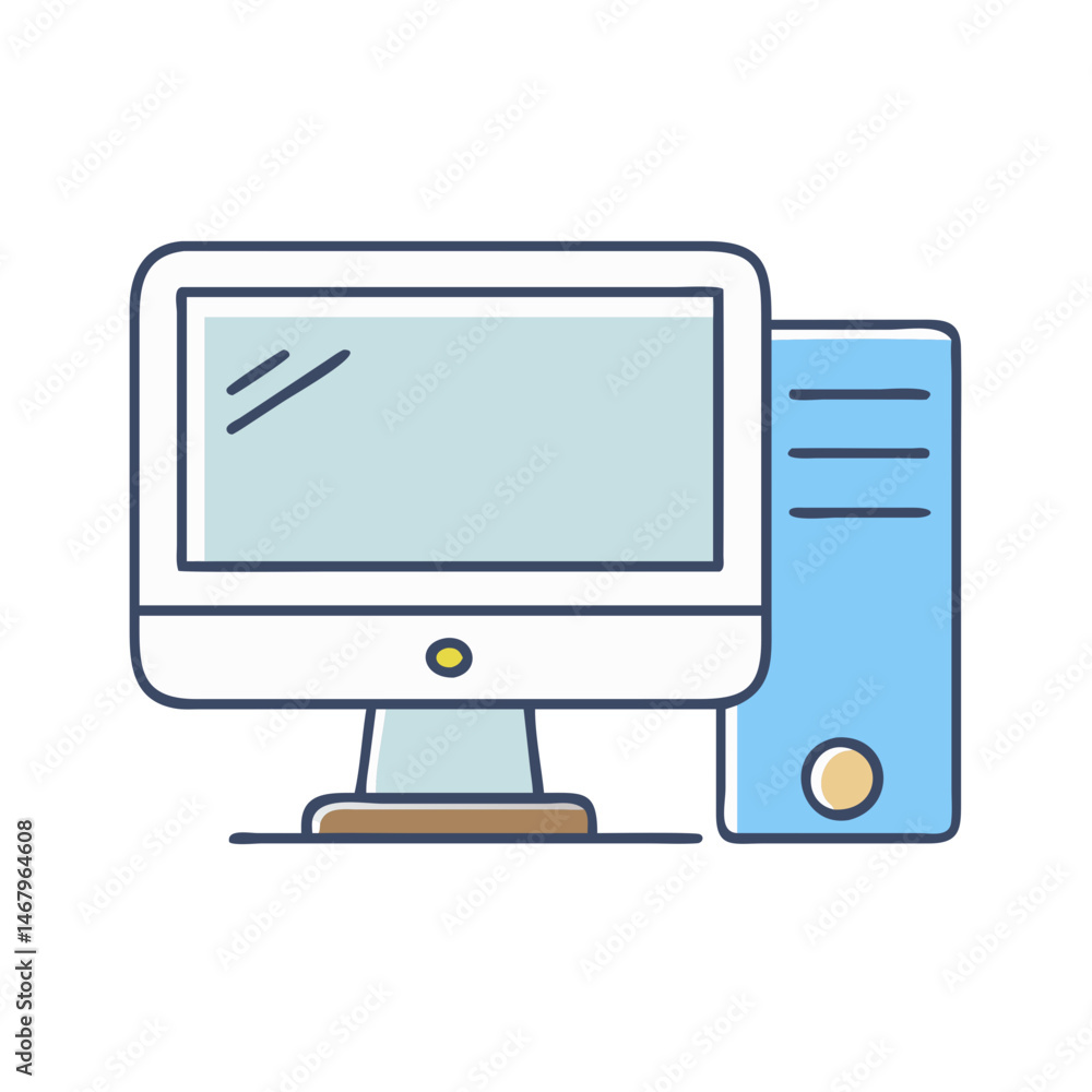 Poster illustration of a desktop computer setup for home or office use with monitor and cpu tower unit
