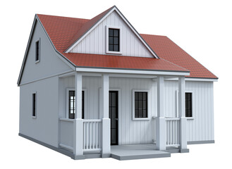 White cottage with porch, dormer window and red roof. 3d illustration transparent background