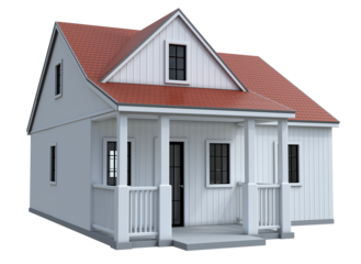 White cottage with porch, dormer window and red roof. 3d illustration transparent background