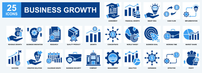 Business Growth icon set collection. Containing design Agreement, Implementation, Research, Profit, Success