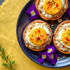 Setas de temporada salteadas  con yema de huevo curada con salsa de soja y flores decorativas sobre un plato de loza blanco