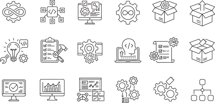 DevOps methodology and software development concept editable stroke outline icons set isolated on white background flat vector illustration. 