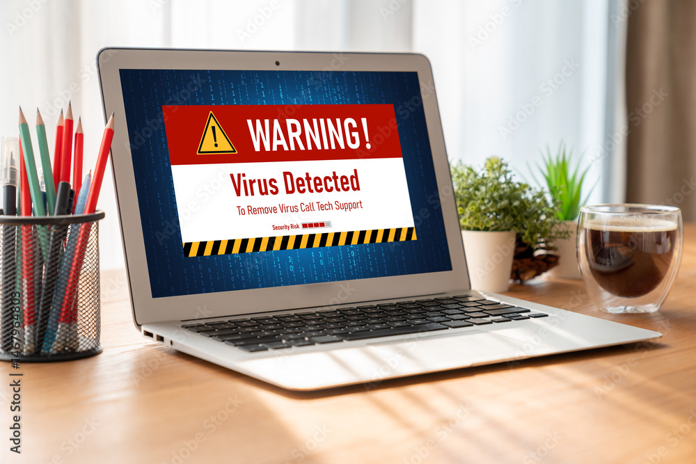 Poster virus warning alert on computer screen detected modish cyber threat , hacker, computer virus and mal