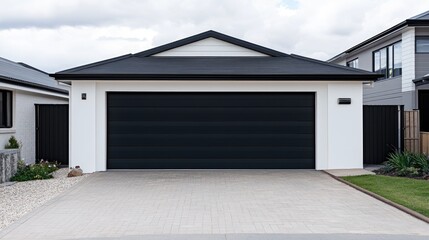 Modern Suburban Home Black Garage Door with Paved Driveway, and and White Exterior.