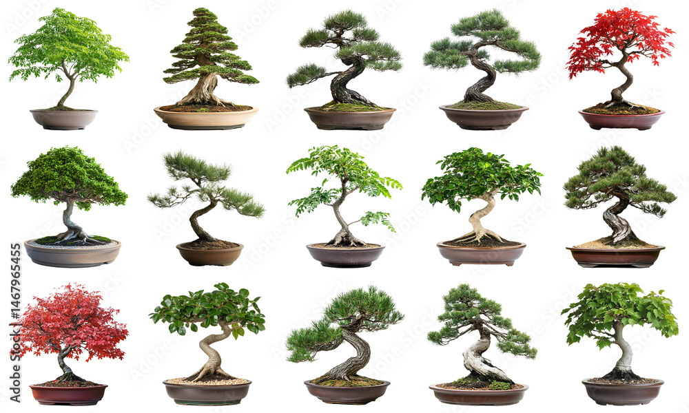 Poster A Collection of Beautiful Bonsai Trees Displayed in Decorative Pots with Varied Leaves and Styles. Large Multiple Plant and Nature Collection Set Isolated on Transparent Background