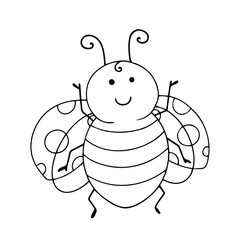 Line sketch, coloring cute winged insect ladybug. Vector graphics.