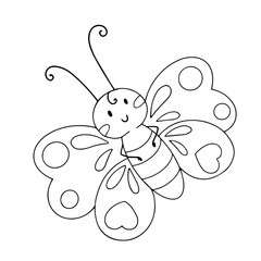 Line sketch, coloring cute winged insect little butterfly.Vector graphics.