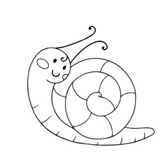 Line sketch, cute snail coloring page for kids. Vector graphics.