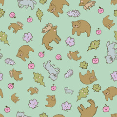 Obraz premium Cute kawaii Woodland Animals Vector Seamless Pattern in Pastel Colors