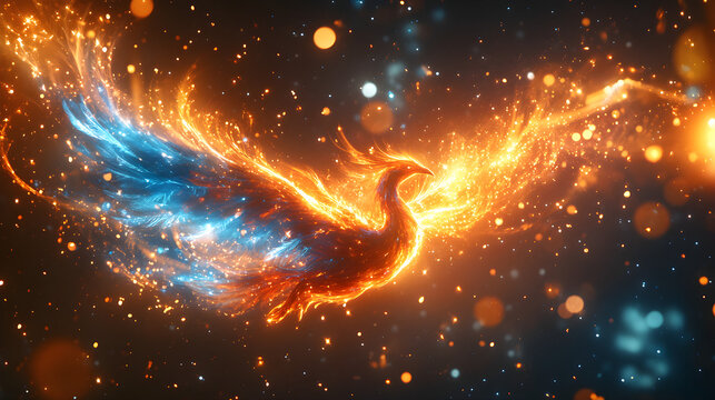 Vibrant phoenix bird in flight with glowing blue and gold feather textures and cosmic background
