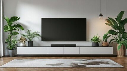 Modern Minimalist Living Room with Lush Green Plants and TV Screen.