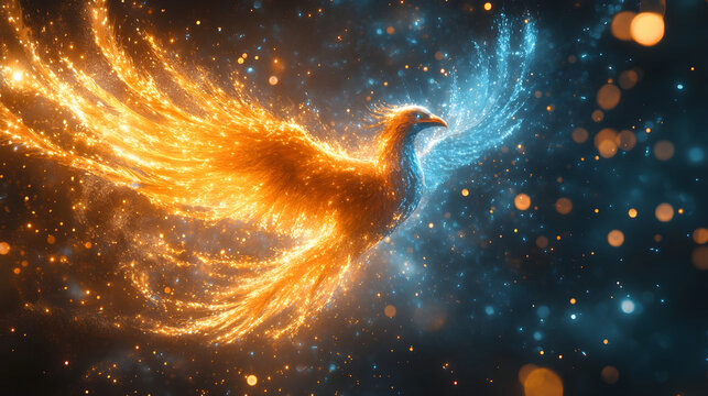 Vibrant phoenix bird in flight with glowing blue and gold feather textures and cosmic background