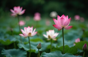 Fototapeta premium Selective focus on pink lotus flowers blooming in natural pond. The image depicts a serene scene with multiple lotus blossoms, green plants. Nature, beauty, tranquility.