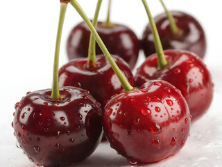 Closeup of Fresh Red Cherries on White Background