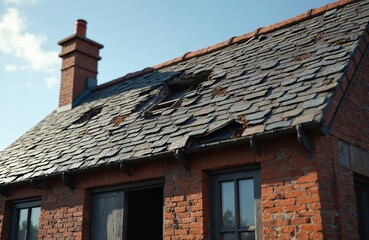 Old brick building with damaged roof. Leaking roof with missing tiles. House requires repair. Building exterior with broken roof. Weathered architectural elements, ruin, renovation needed.