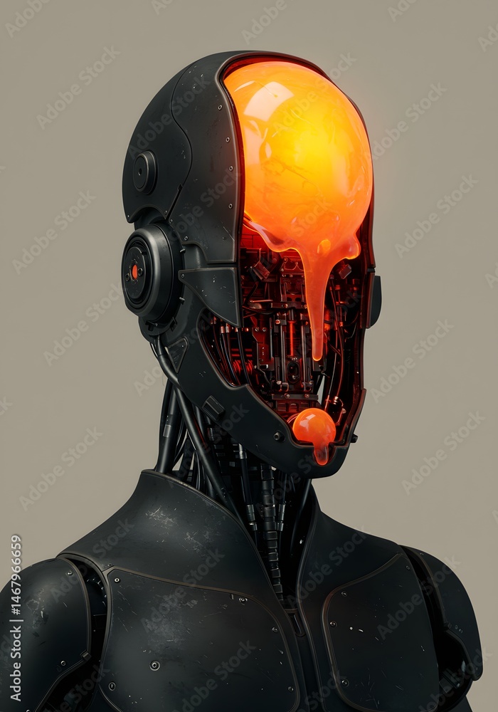 Poster futuristic humanoid construct with glowing cranial sphere and visible internal mechanisms evokes adv