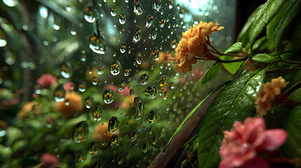 Rain Drops on Window with Flowers in Bloom