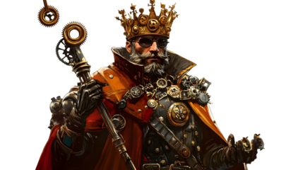 A legendary steampunk pirate king with a golden mechanical crown and a gear-powered staff. Ultra-HD, transparent background --ar 16:9